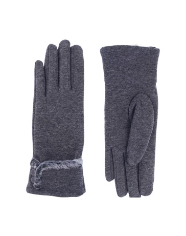 Grey cashmere gloves with a small faux fur detail and button on the wrist.