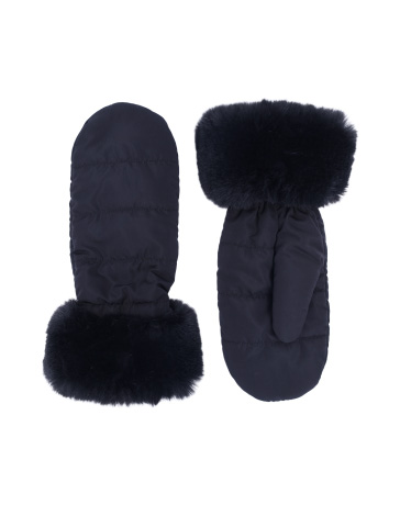 Puffy black down insulated mittens with wide faux fur cuffs.