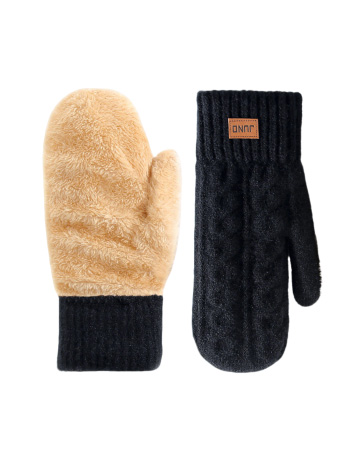 Beige fleece-lined mitten and black knitted glove on white background.
