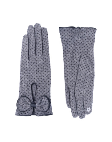 Grey knitted gloves with subtle black polka dots and a decorative leather bow.