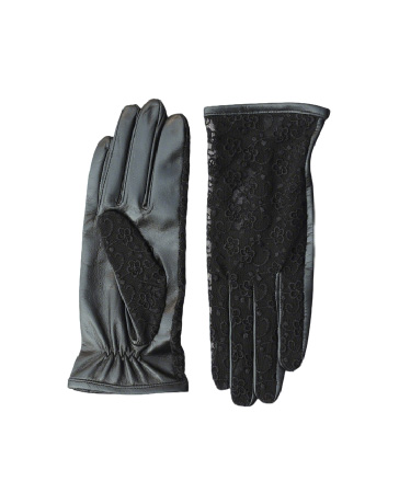 Black leather gloves with intricate lace overlay pattern.