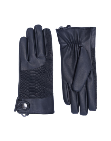 Pair of black leather gloves with a textured, snake-skin like embossed pattern.