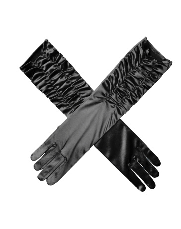 Long black satin opera gloves, ruched at the forearms.