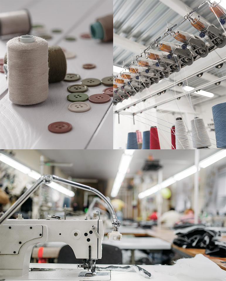 Sewing workshop with threads, buttons, and machines