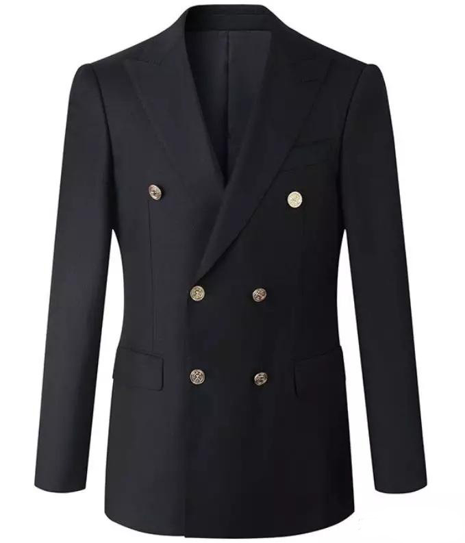 Stylish black double-breasted suit with gold buttons