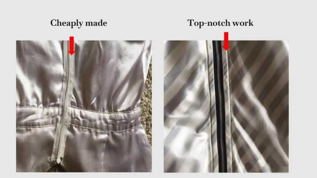 Cheaply made vs top-notch zipper on shiny fabric