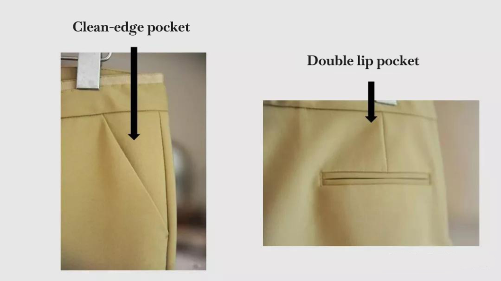 Clean-edge pocket and double lip pocket on beige pants