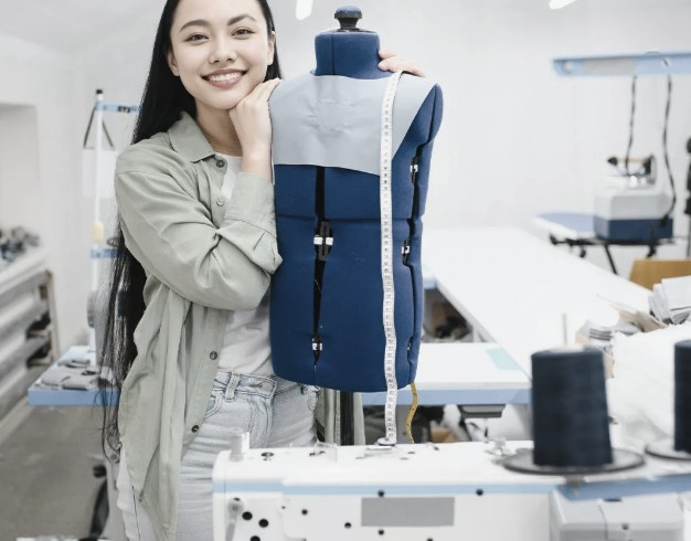 A smiling woman standing next to a dress form in a sewing studio.