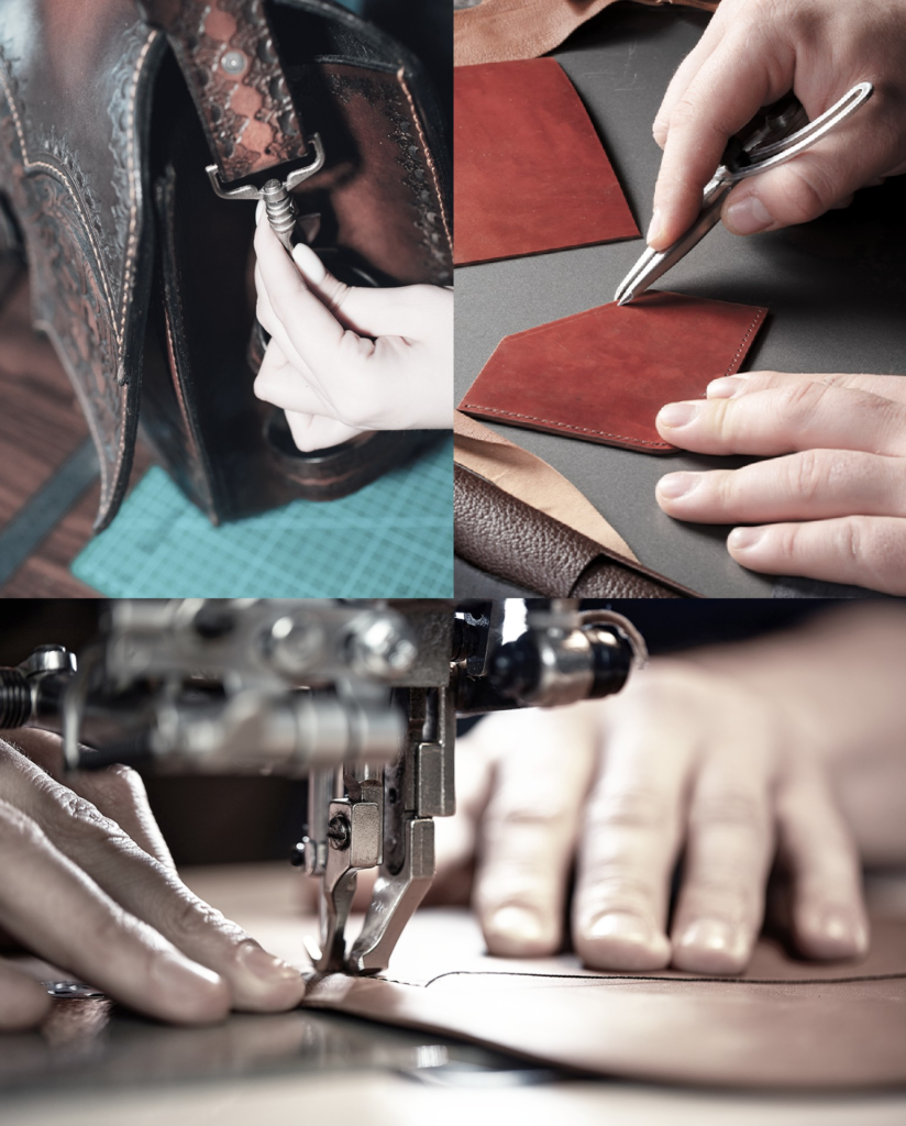 Leather pieces and tools on a cutting mat.