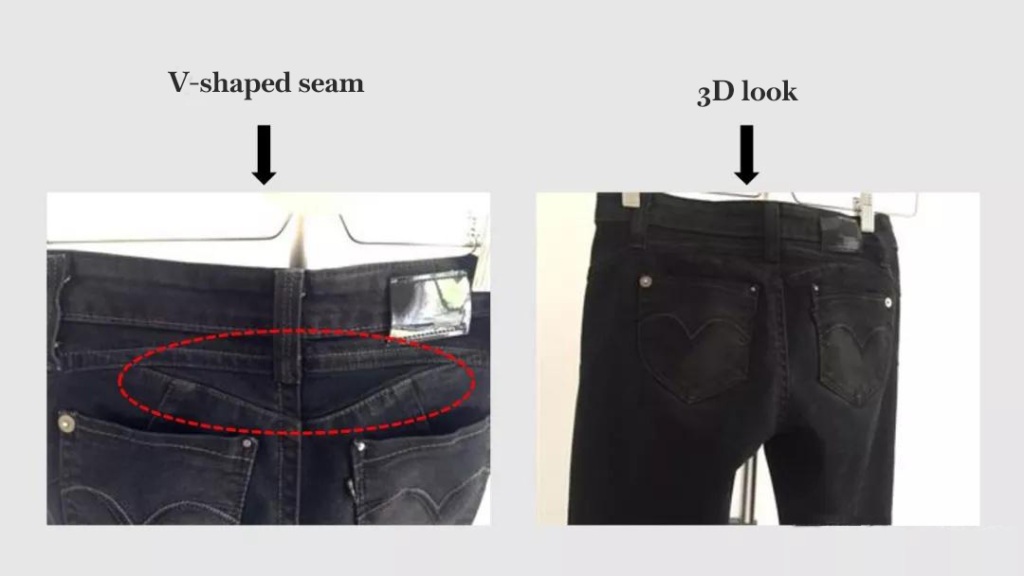 V-shaped seam and 3D look on black jeans