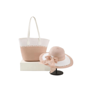 Stylish hat and bag set in beige and white