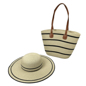 Stylish hat and bag set in beige and white