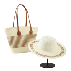 Stylish hat and bag set in beige and white