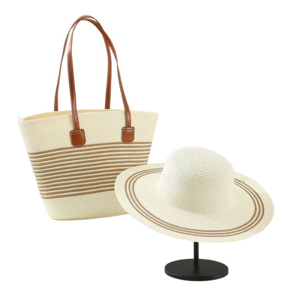 Stylish hat and bag set in beige and white