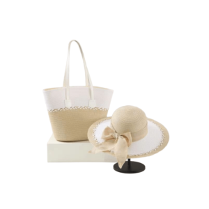 Stylish hat and bag set in beige and white