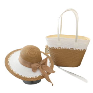 Stylish hat and bag set in beige and white