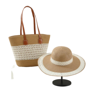 Stylish hat and bag set in beige and white