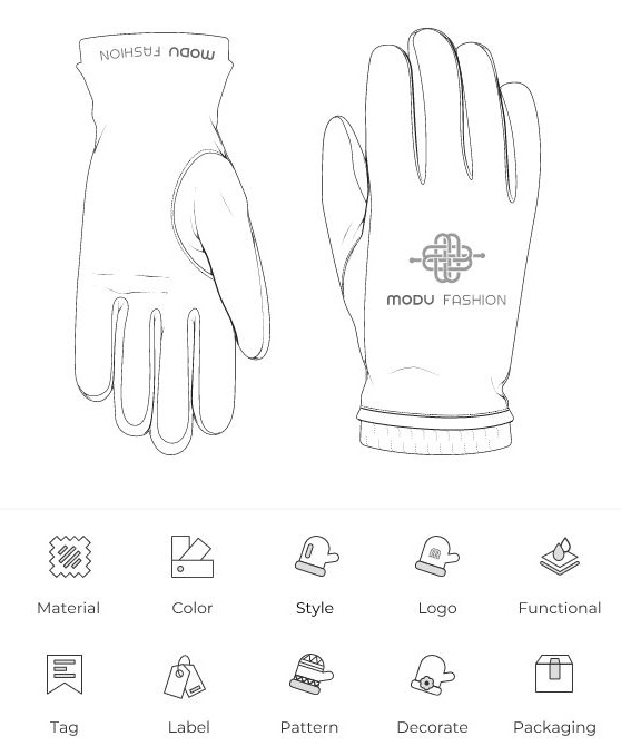 Line drawings of gloves with icons for material, color, style, logo, and more.