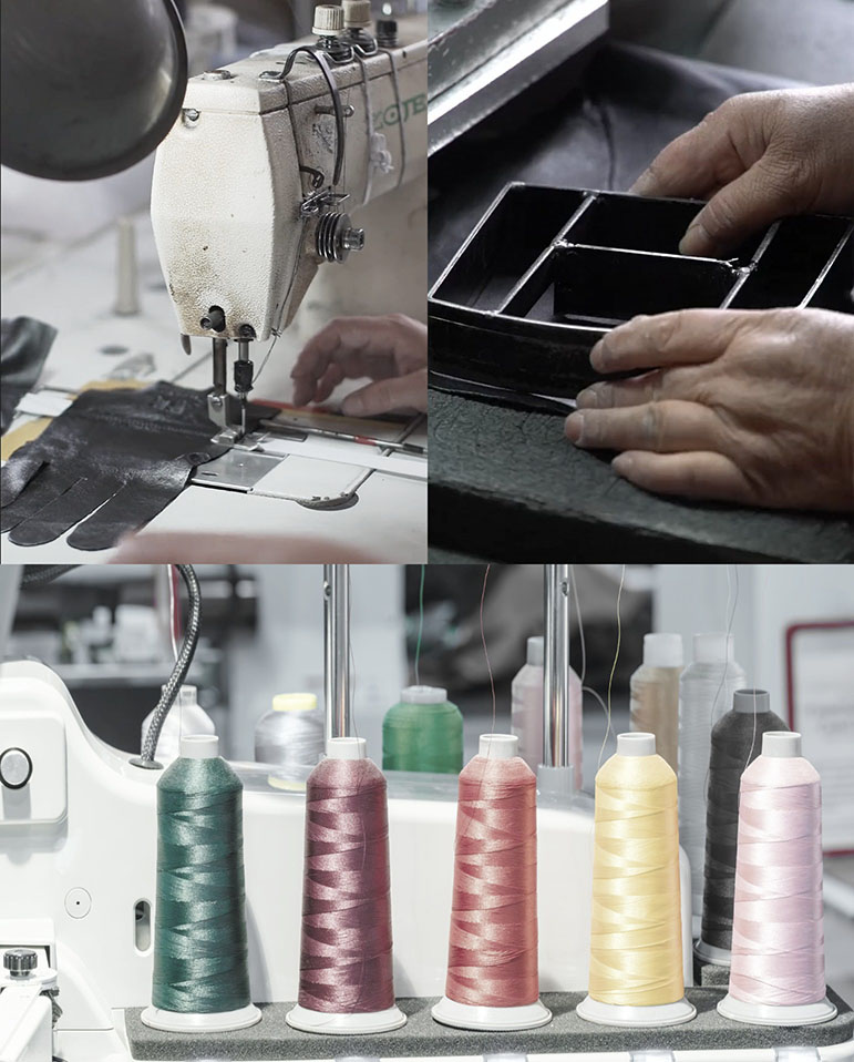 Collage showing stages of glove manufacturing: sewing, cutting, and thread spools.