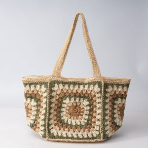 Natural beige handmade straw tote bag, front view