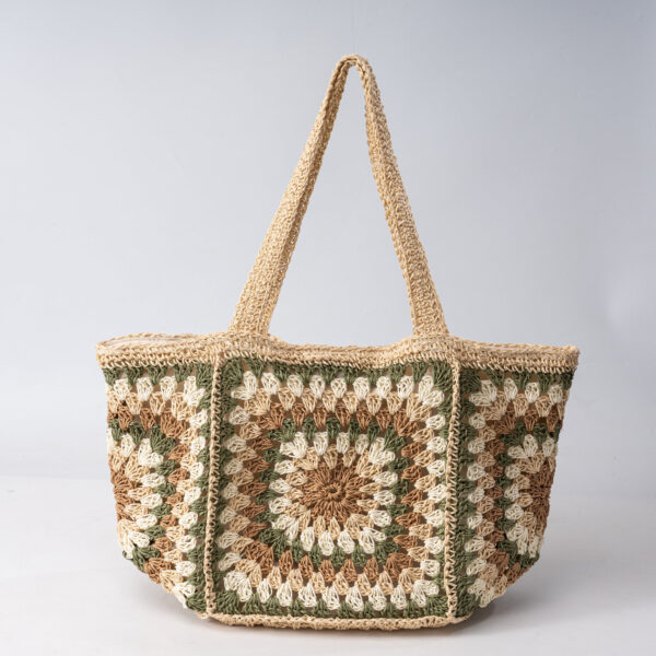 Natural beige handmade straw tote bag, front view