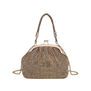 Gold rhinestone evening bag with acrylic frame and short handle, front view