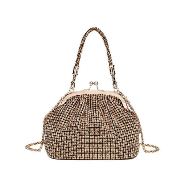 Gold rhinestone evening bag with acrylic frame and short handle, front view