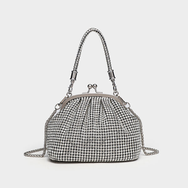 Silver rhinestone evening bag, underarm tote style, front view