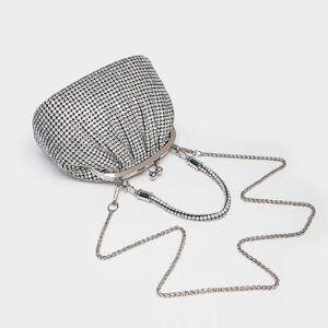 Silver rhinestone bag with detachable crossbody chain laid out
