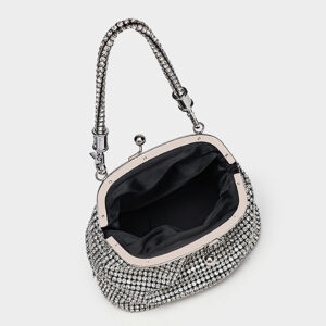 Inside view of evening bag showing polyester lining and ID pocket