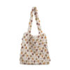Small beaded tote handbag with woven net and color-block stones, front view