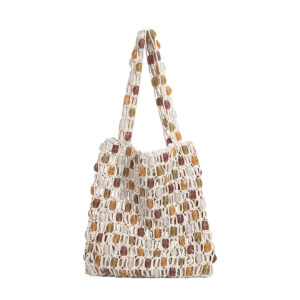 Small beaded tote handbag with woven net and color-block stones, front view