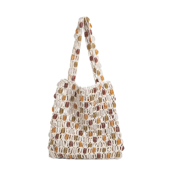 Small beaded tote handbag with woven net and color-block stones, front view