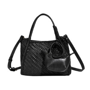 Black woven PU leather bucket tote set with crossbody strap and mini pouch, front view