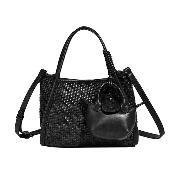Black woven PU leather bucket tote set with crossbody strap and mini pouch, front view