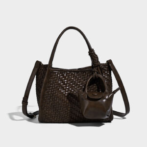 Dark brown woven crossbody bag in PU leather, front view