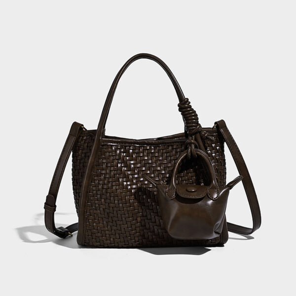 Dark brown woven crossbody bag in PU leather, front view