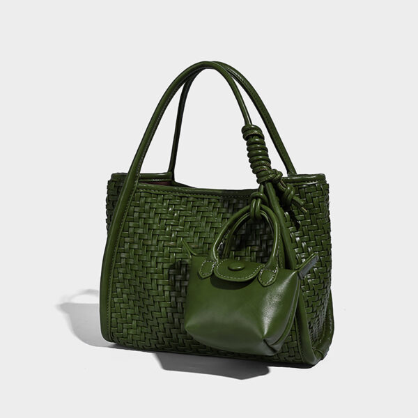 Olive green woven leather-look crossbody bucket tote with mini pouch