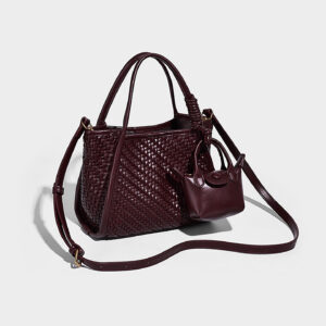 Burgundy woven PU bucket tote with long crossbody strap