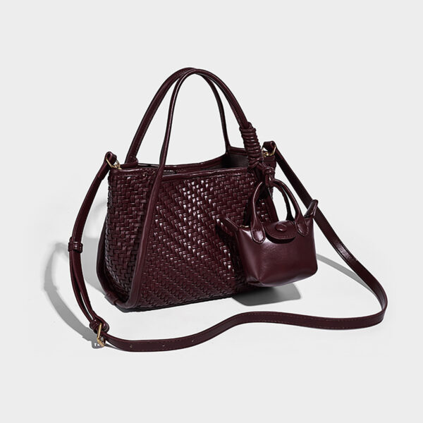 Burgundy woven PU bucket tote with long crossbody strap