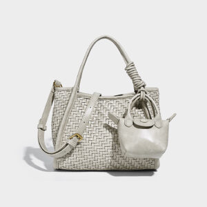 Light grey woven PU crossbody tote, medium size