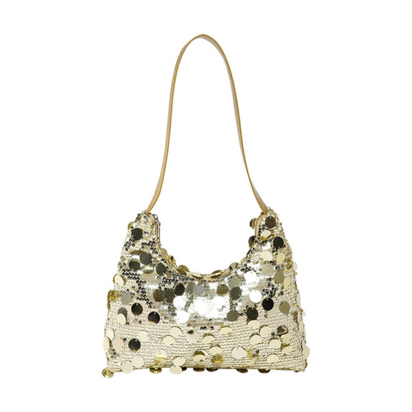 Gold sequin evening underarm bag, front view