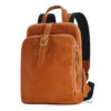 Tan genuine leather women’s backpack with buckle strap, angled front view