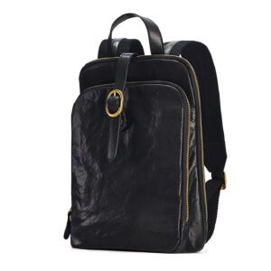Black cowhide leather backpack for women, angled view