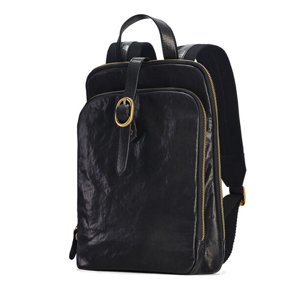 Black cowhide leather backpack for women, angled view