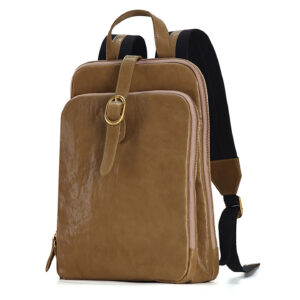 Khaki leather laptop backpack, side-angled view