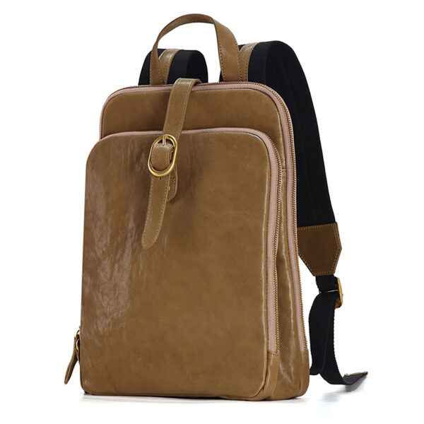Khaki leather laptop backpack, side-angled view