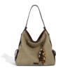 Khaki matte PU underarm women’s shoulder bag with wood-bead tassel, front view