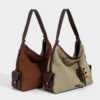 Two summer handbags in khaki and brown showing side pockets and tassel detail