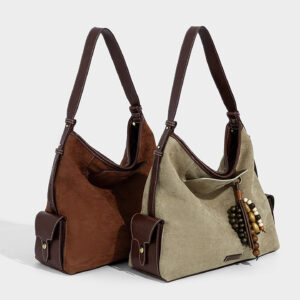 Two summer handbags in khaki and brown showing side pockets and tassel detail